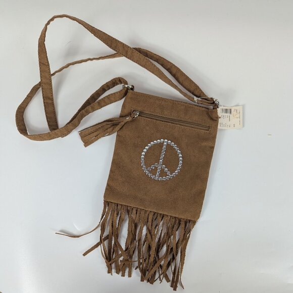 Justice Crossbody Embellished Peace Sign Purse with Fringe Boho Hippie NWT - Picture 1 of 4